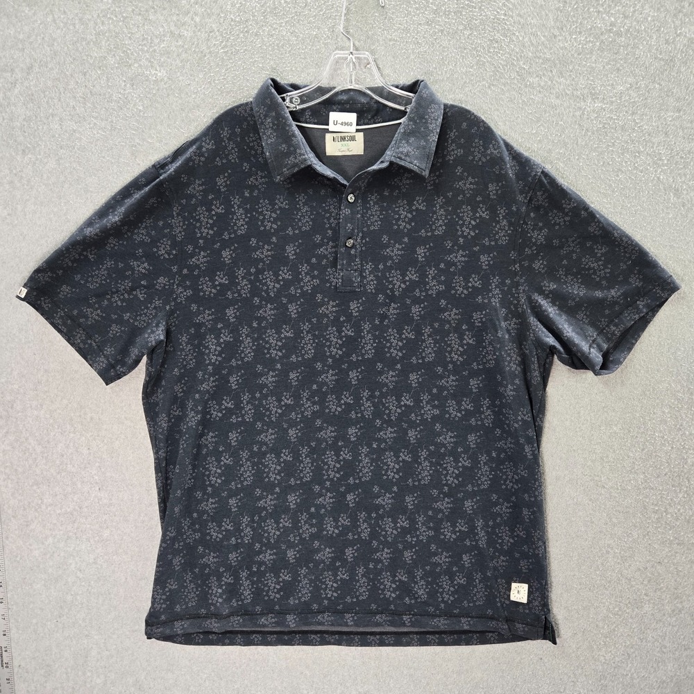 Linksoul Men Polo Shirt 2XL Black Floral Organic Cotton Short Sleeve Collar